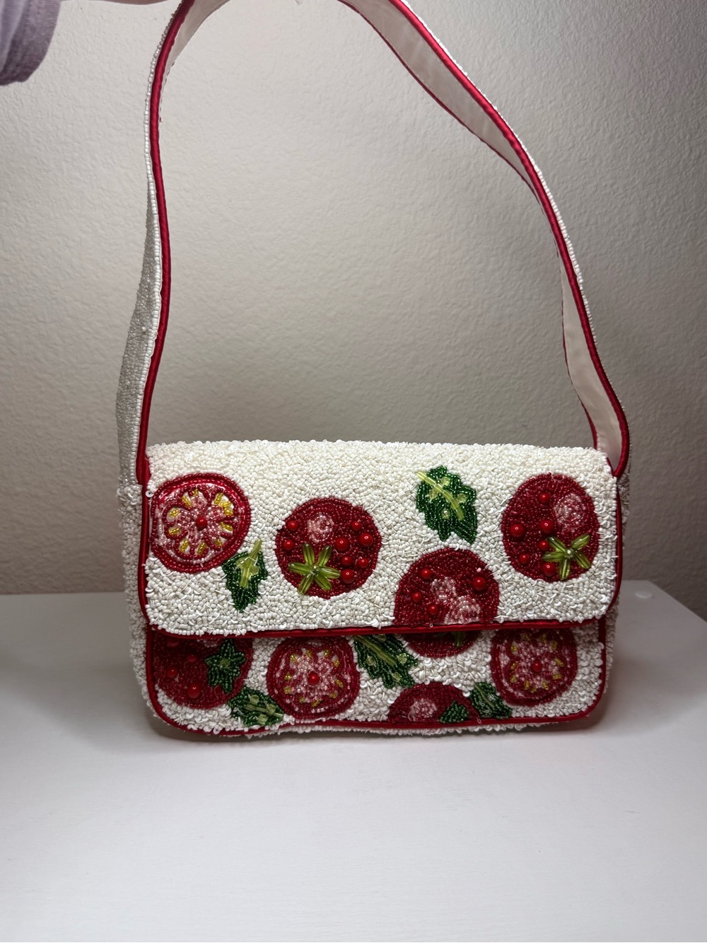 Beaded White Clutch with Red & Green Floral Accents - Picture 5 of 5